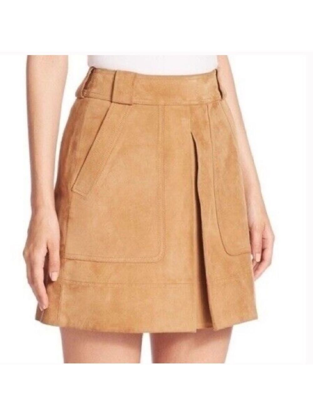 Vince Suede Mini Skirt Tan Inverted Front Pleat Goat Leather Academia Preppy 8